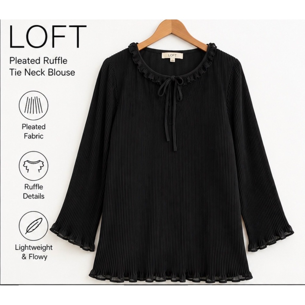 LOFT Black Pleated Ruffle Tie Neck Blouse 3/4 Sleeve Flowy Top Large L